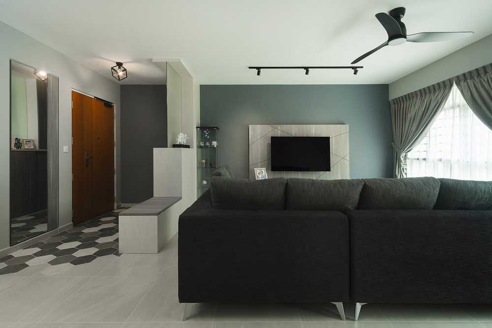 Contemporary Living Room with Homogeneous Tiles and TV Console