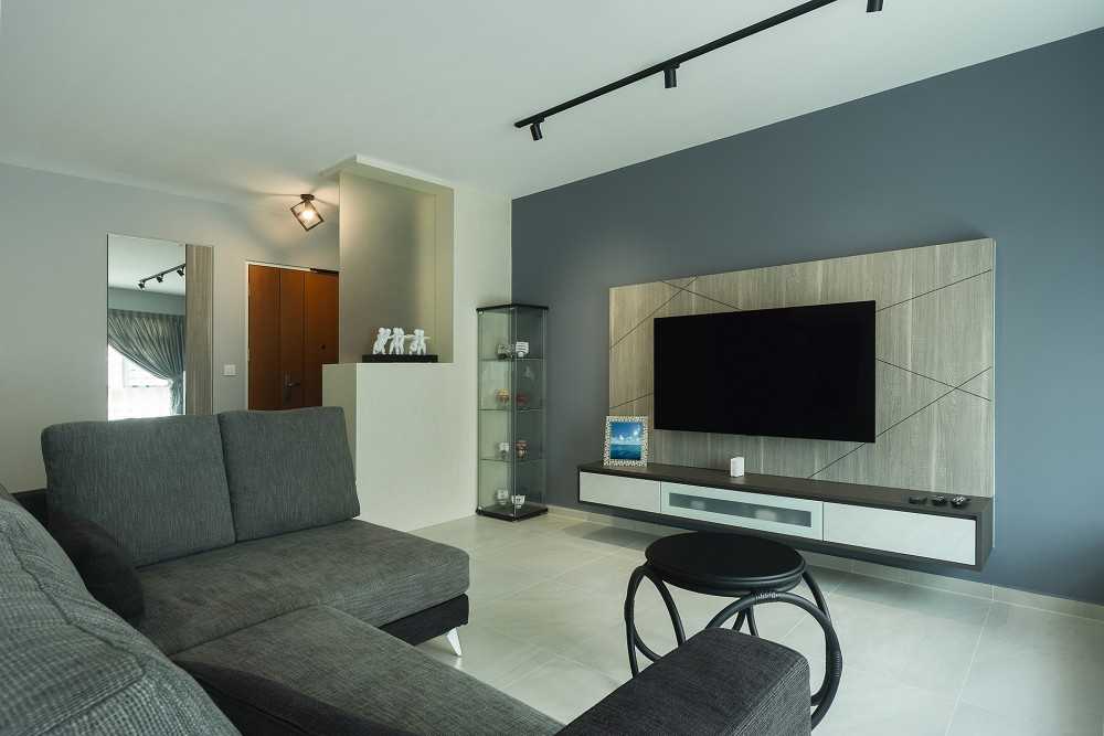 Contemporary Living Room with Homogeneous Tiles and TV Console