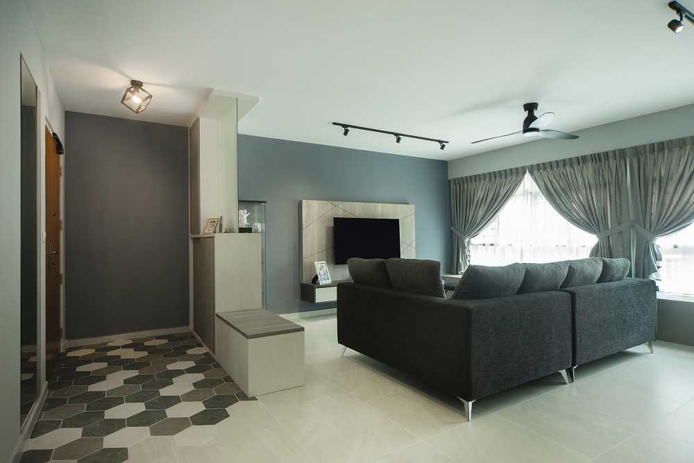 Contemporary Living Room with Homogeneous Tiles and TV Console