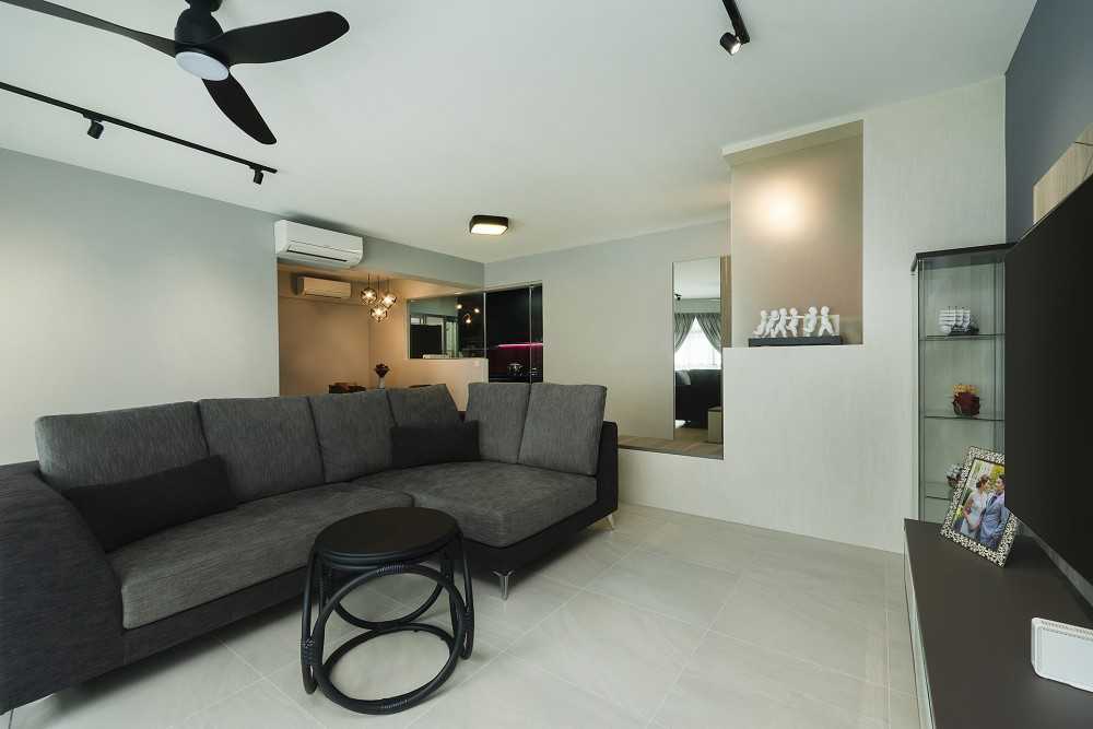 Contemporary Living Room with Homogeneous Tiles and TV Console