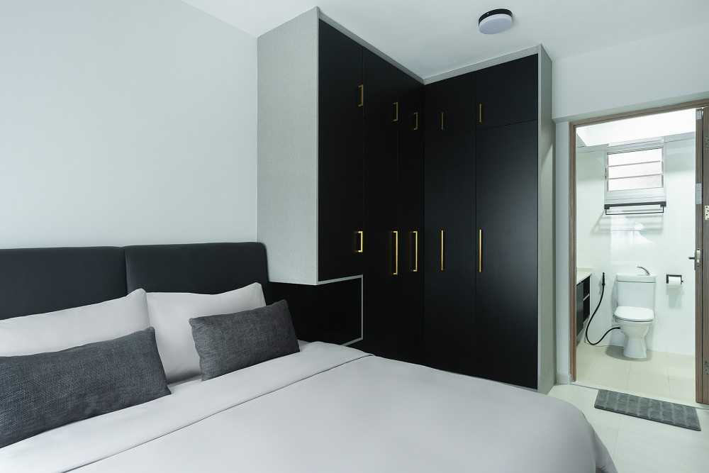Contemporary Bedroom with Homogeneous Tiles and Ceiling Light