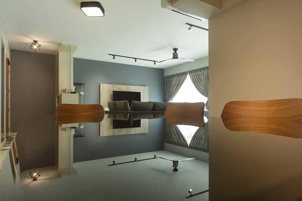 Contemporary Living Room with Homogeneous Tiles and TV Console