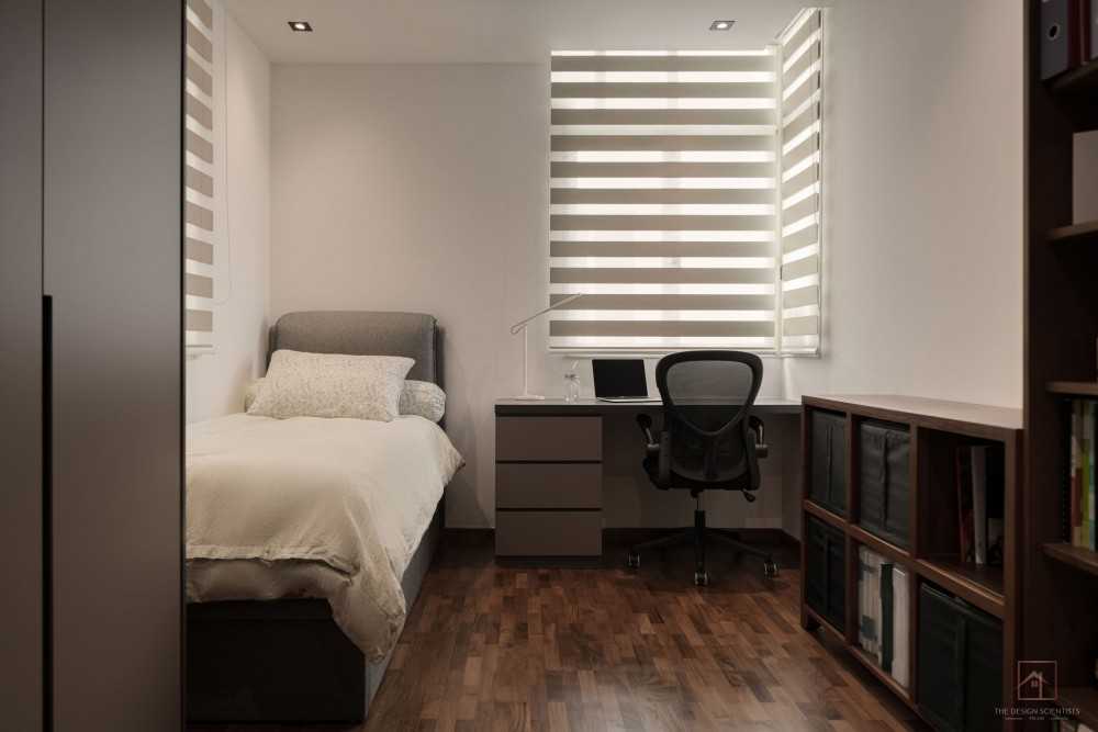 Contemporary Bedroom with Bookshelf and Parquet Floor