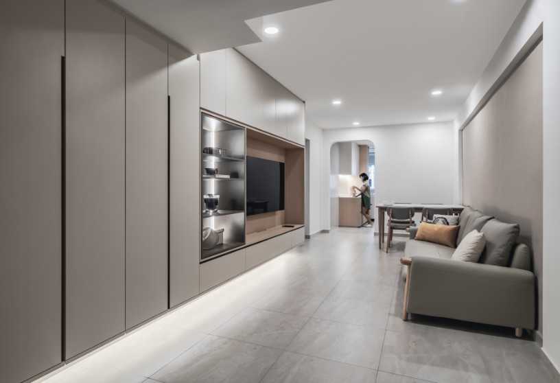 Scandinavian Living Room with Countertop and Homogeneous Tiles