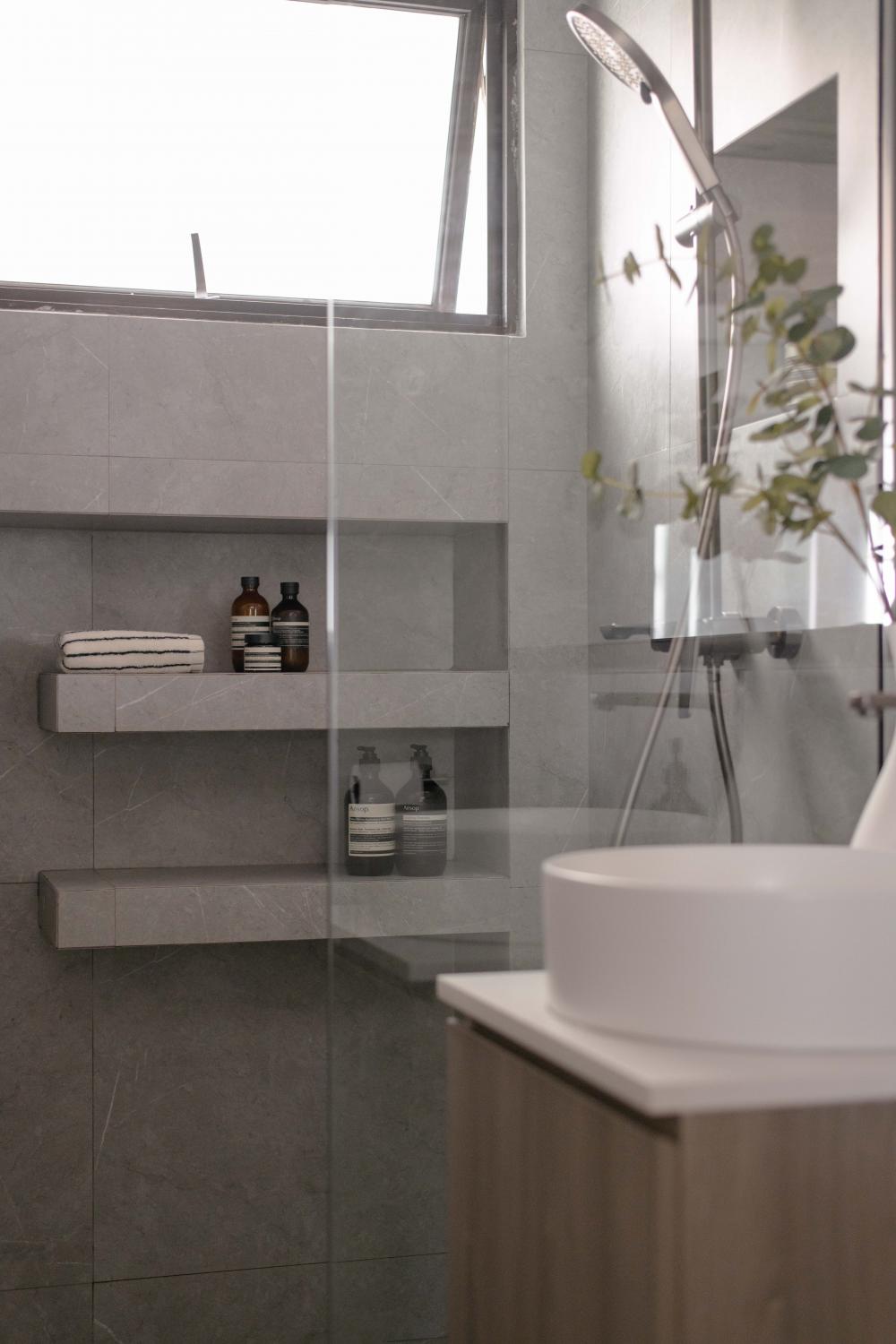 Minimalist Bathroom with Shower Screen and Showers