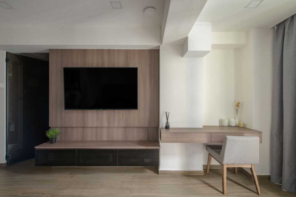 Minimalist Bedroom with TV Console and Feature Wall