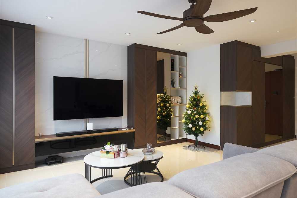 Contemporary Living Room with TV Console and Feature Wall