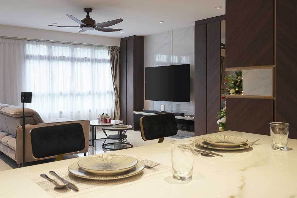 Contemporary Living Room with TV Console and Downlights