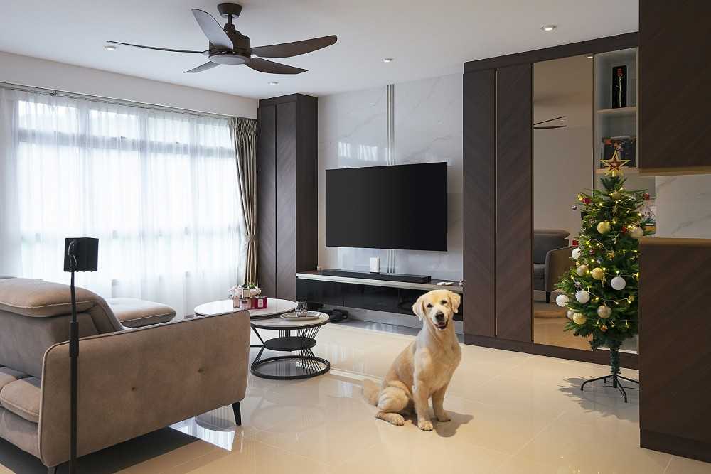 Contemporary Living Room with Homogeneous Tiles and TV Console