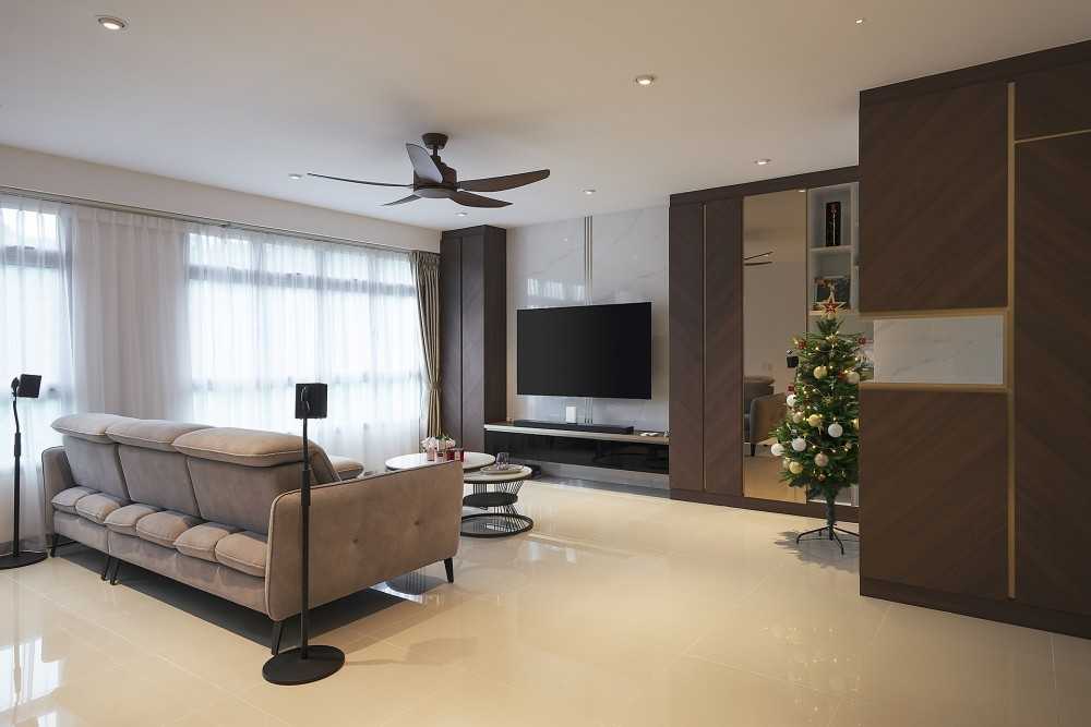 Contemporary Living Room with TV Console and Downlights