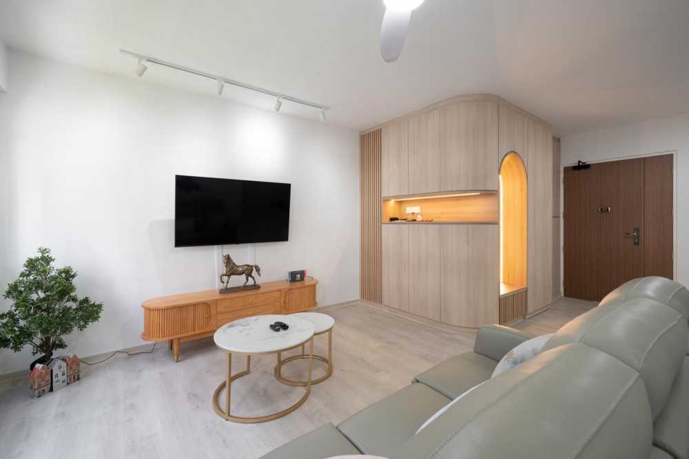 Scandinavian Living Room with TV Console and Feature Wall