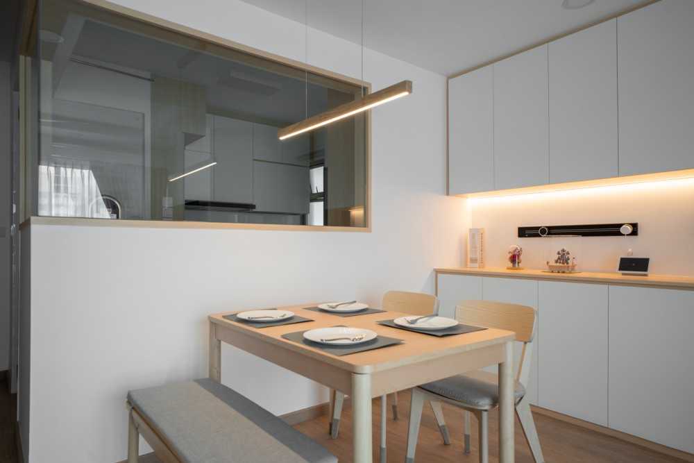 Minimalist Dining Room with Drop Light and Cove Lighting