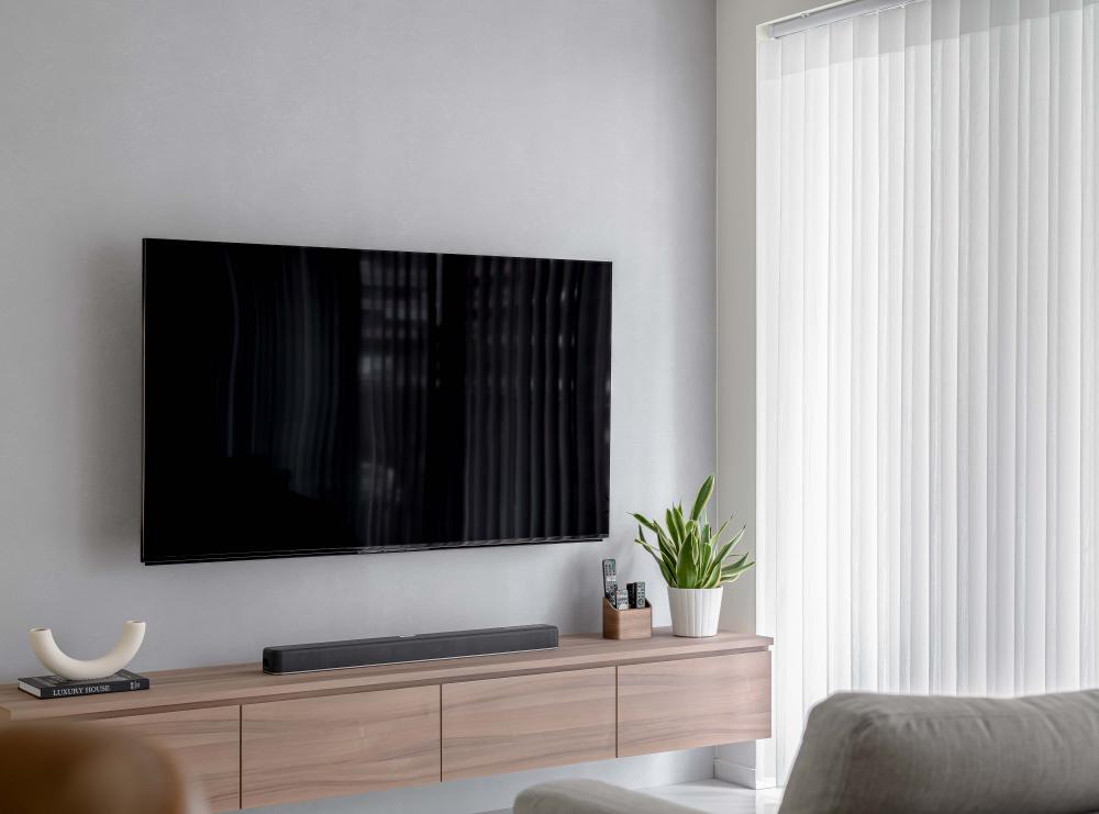 Contemporary Living Room with TV Console and Curtain