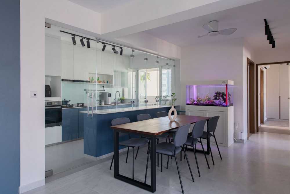 Contemporary Dining Room with Glass Door and Dining Table
