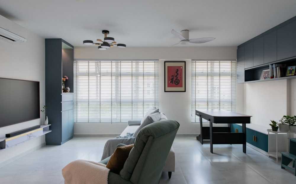 Contemporary Living Room with Ceiling Fan and Altar