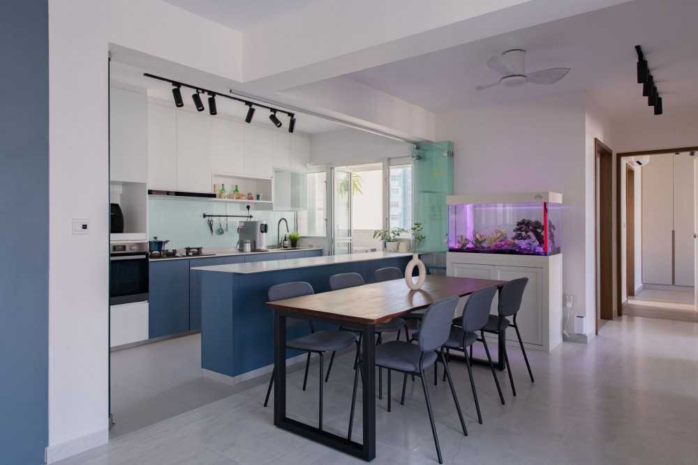 Contemporary Dining Room with Kitchen Island and Glass Door