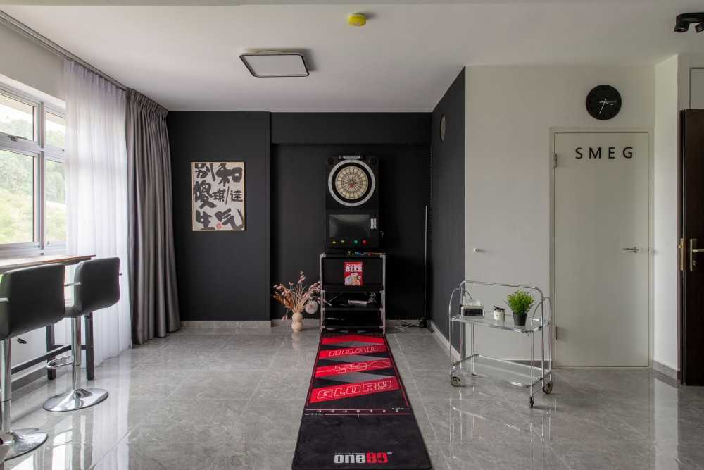 Modern Living Room with Homogeneous Tiles and Curtain
