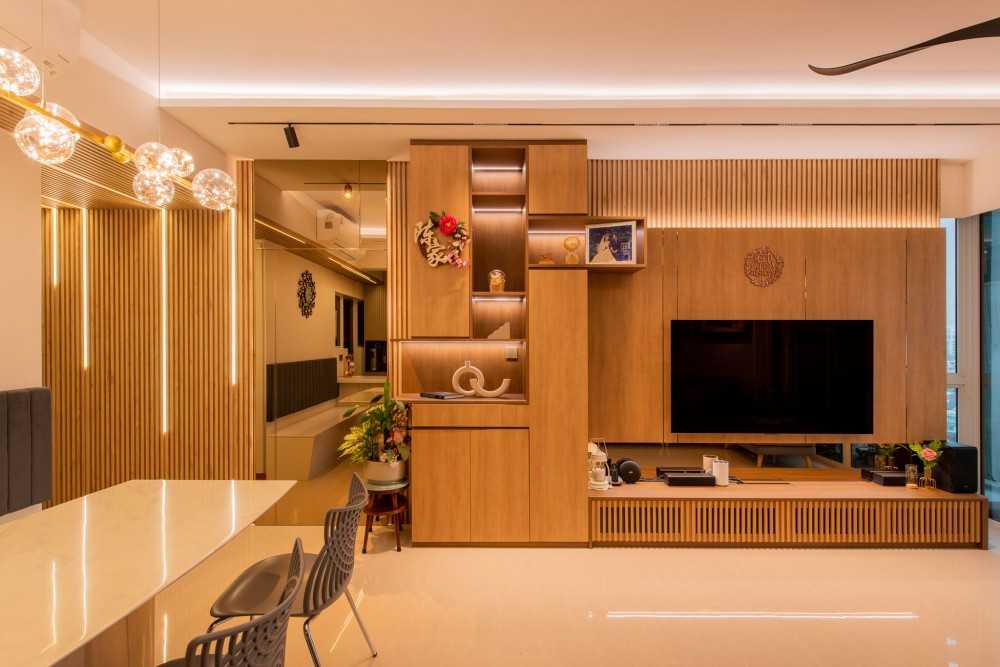 Contemporary Living Room with TV Console and Feature Wall