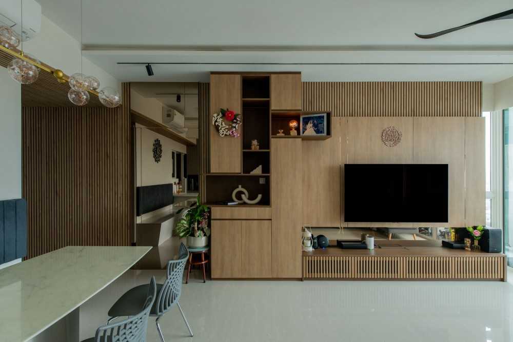 Contemporary Living Room with TV Console and Feature Wall