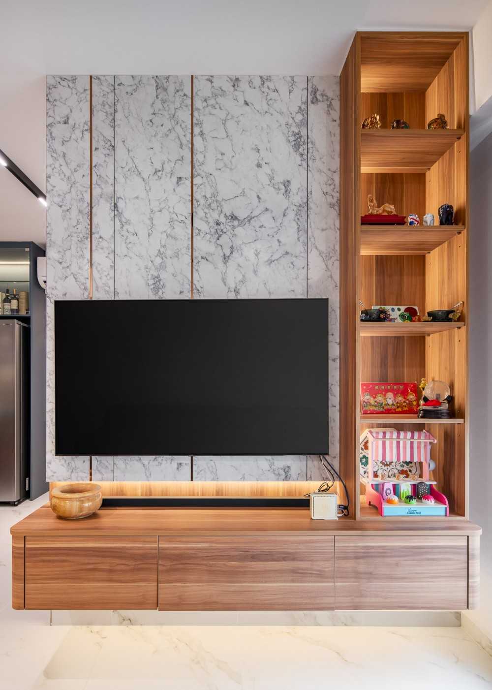 Scandinavian Living Room with TV Console and Feature Wall