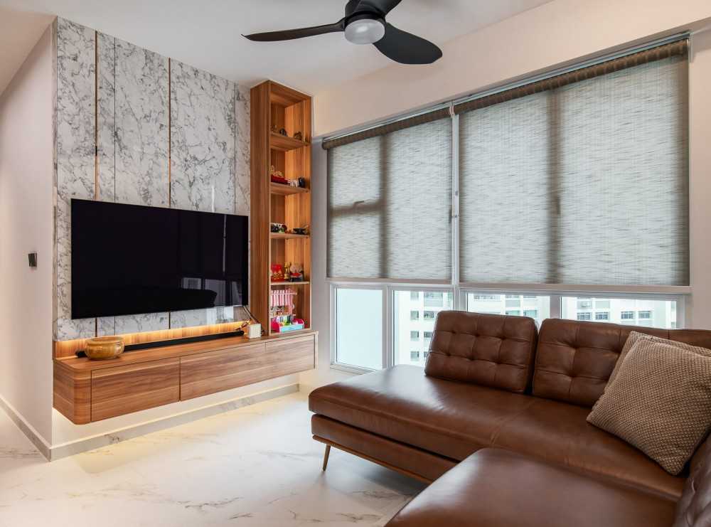 Scandinavian Living Room with TV Console and Feature Wall