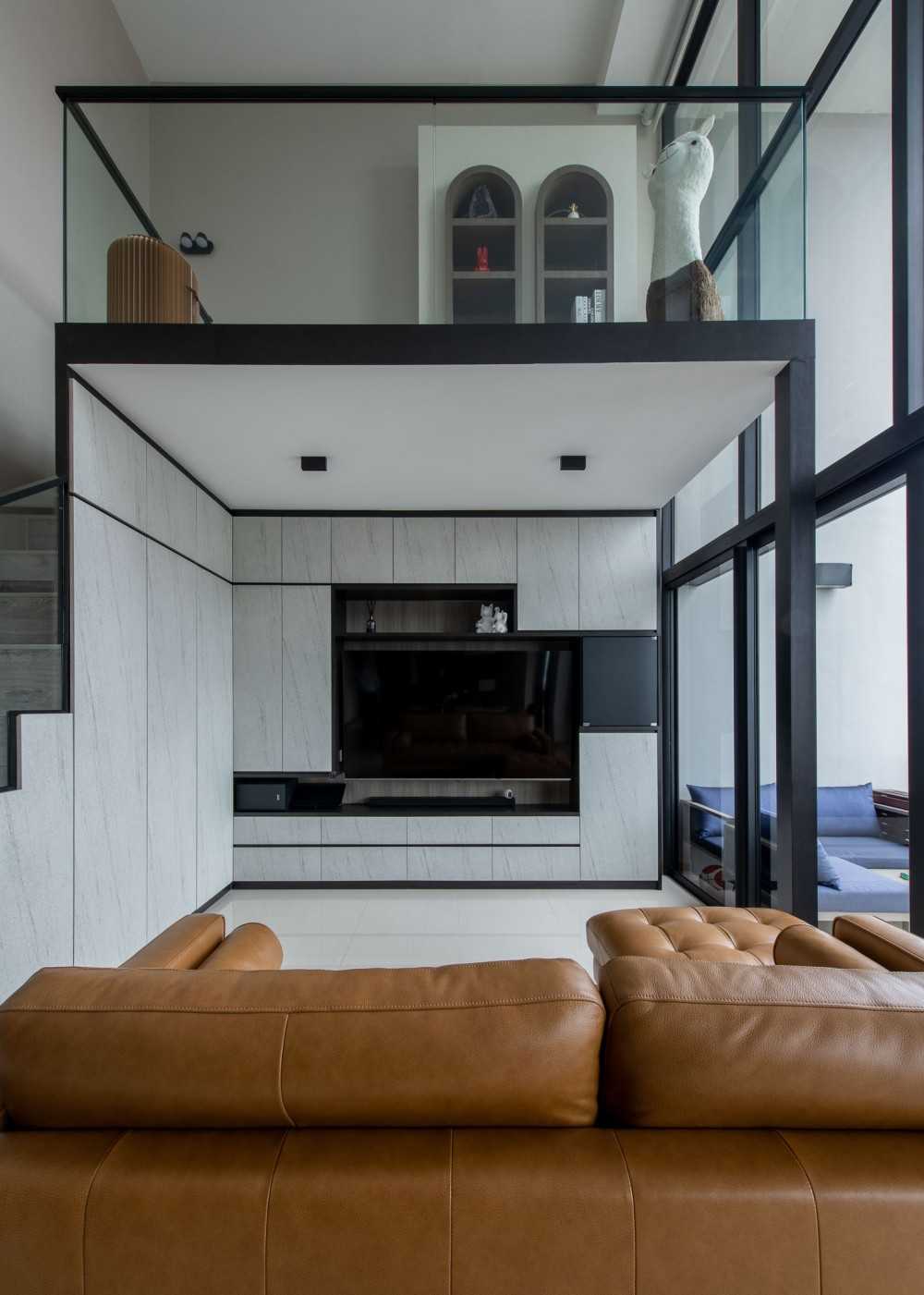Modern Living Room with Bookshelf and TV Console