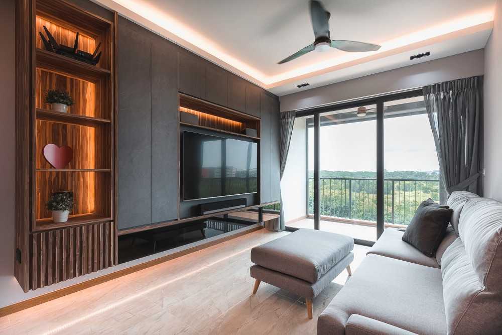 Contemporary Living Room with TV Console and Feature Wall