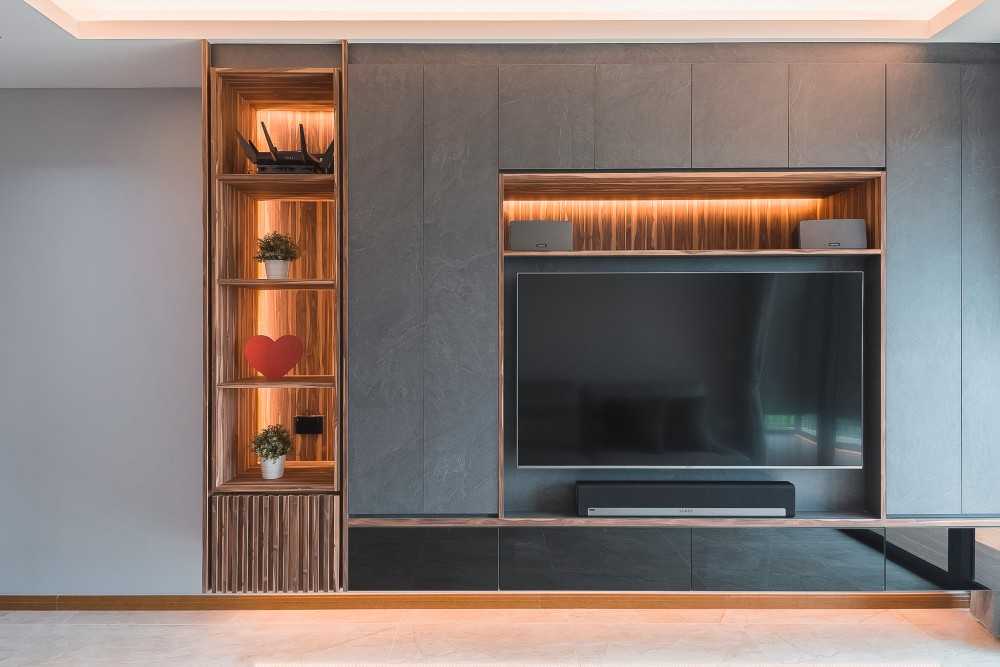 Contemporary Living Room with Bookshelf and TV Console