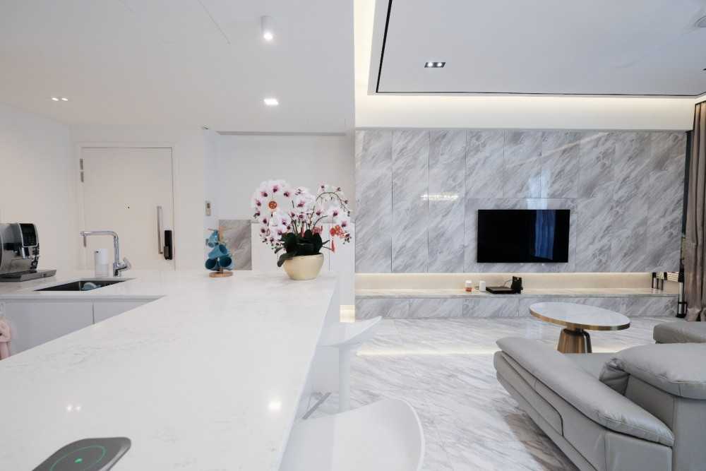 Modern Pantry with Kitchen Island and Tableware
