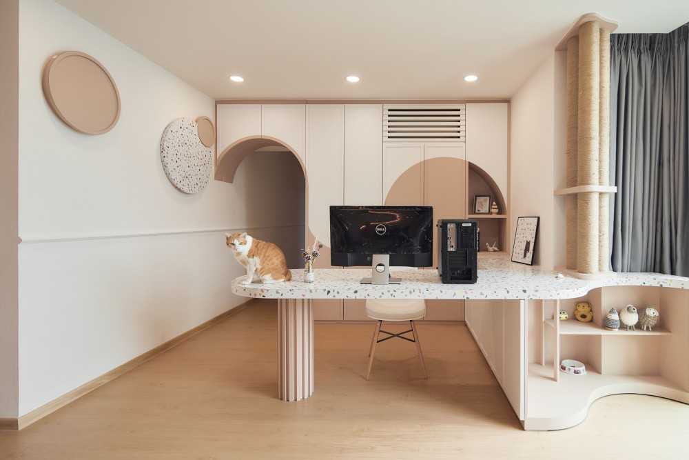 Scandinavian Workstation with Storage Cabinets and Wall Shelves