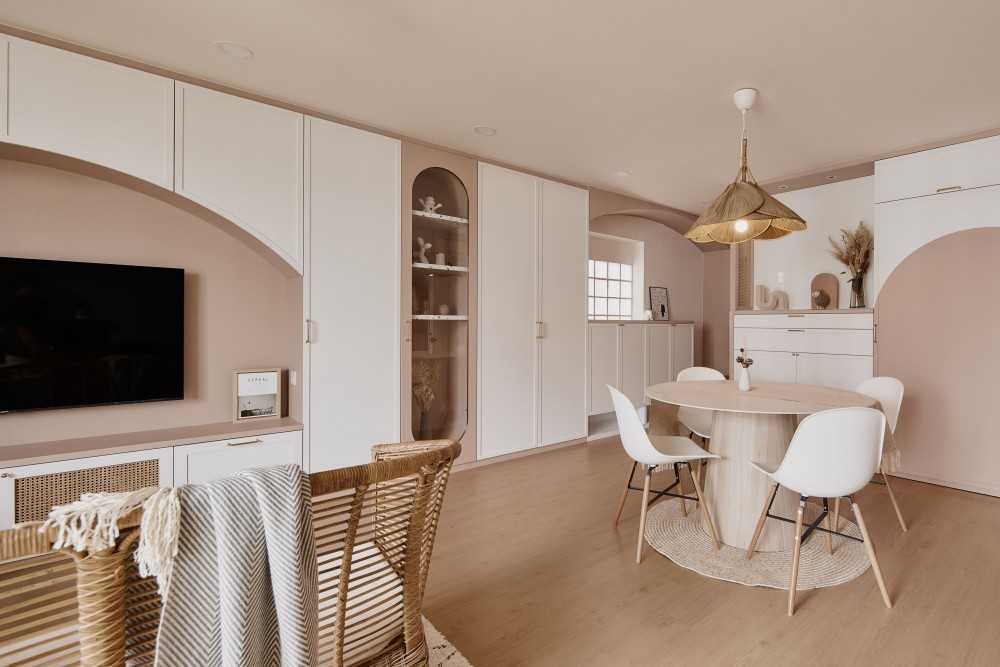 Scandinavian Dining Room with Ceiling Light and Downlights