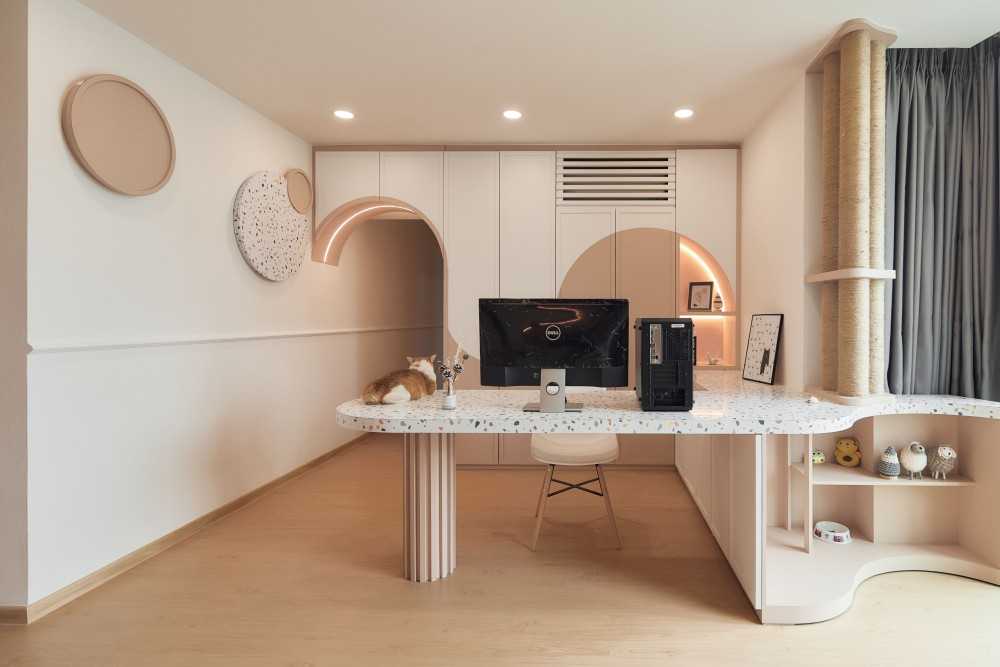 Scandinavian Workstation with Storage Cabinets and Wall Shelves