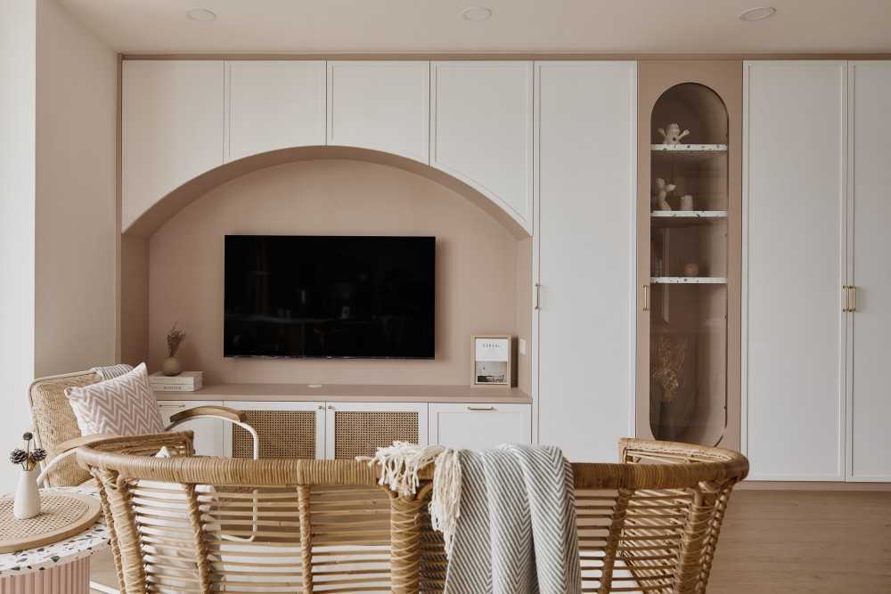 Scandinavian Living Room with TV Console and Feature Wall