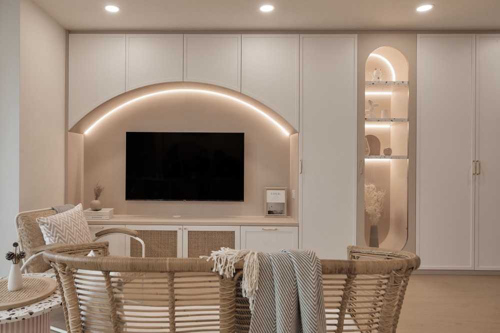 Scandinavian Living Room with Feature Wall and Storage Cabinets