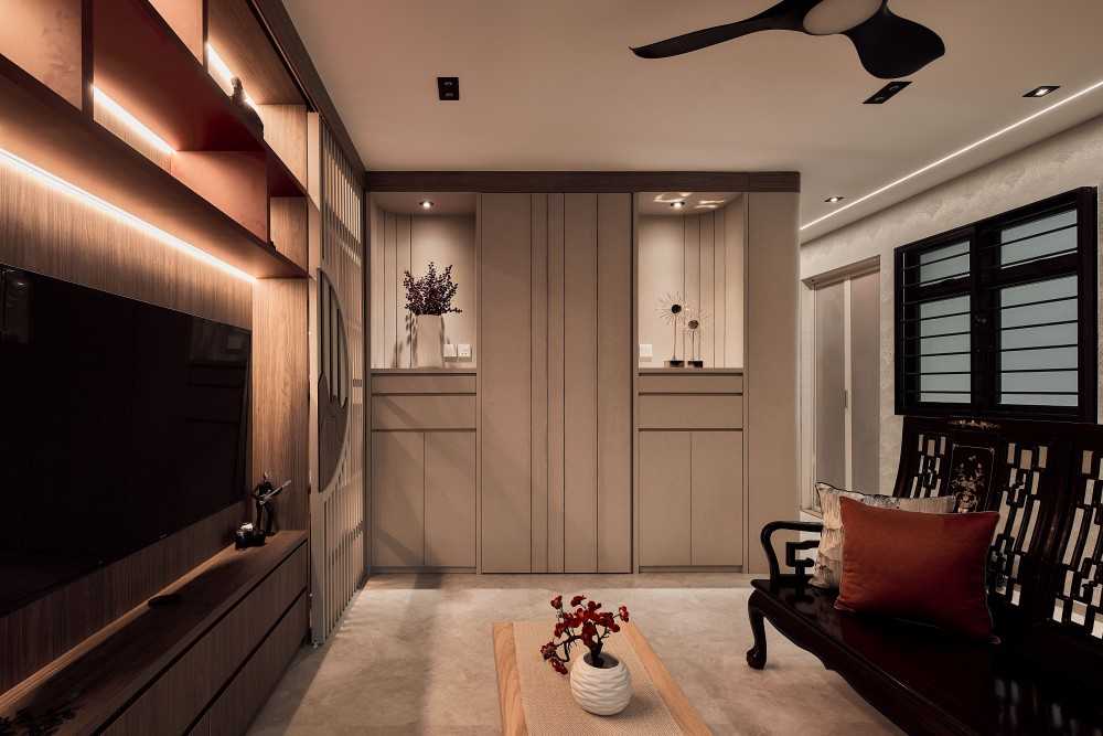 Transitional Living Room with Storage Cabinets and Display Cabinets