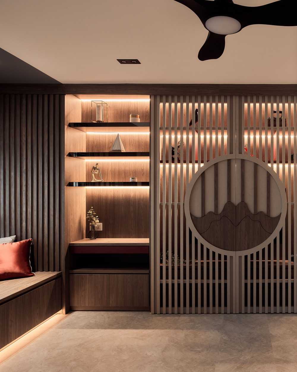 Transitional Living Room with TV Console and Feature Wall