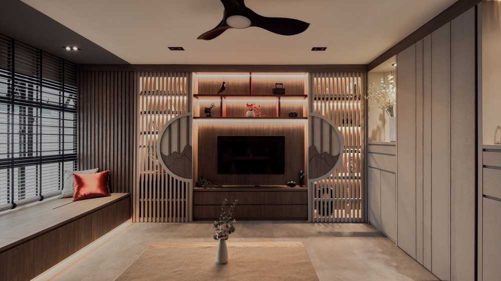Transitional Living Room with TV Console and Feature Wall