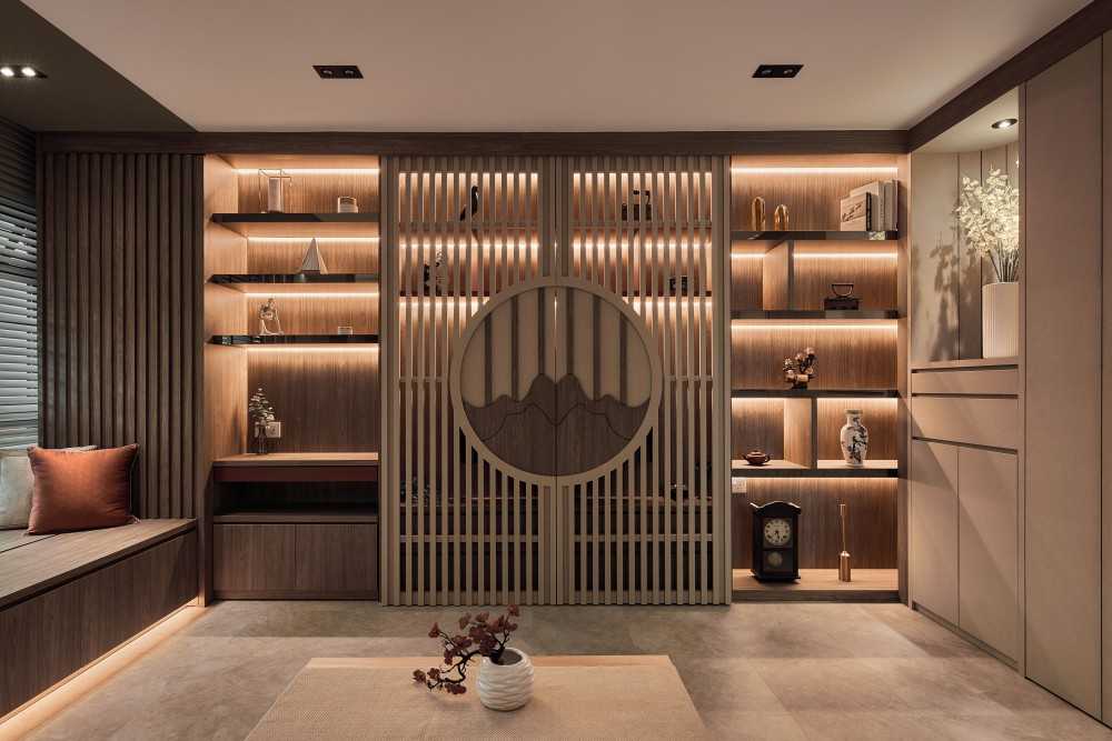 Transitional Living Room with TV Console and Feature Wall