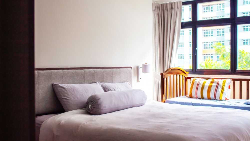 Scandinavian Bedroom with Curtain and Queen Bed