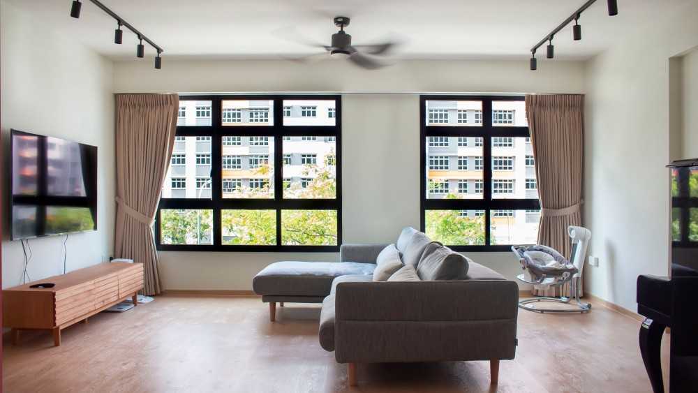 Scandinavian Living Room with Vinyl Flooring and TV Console