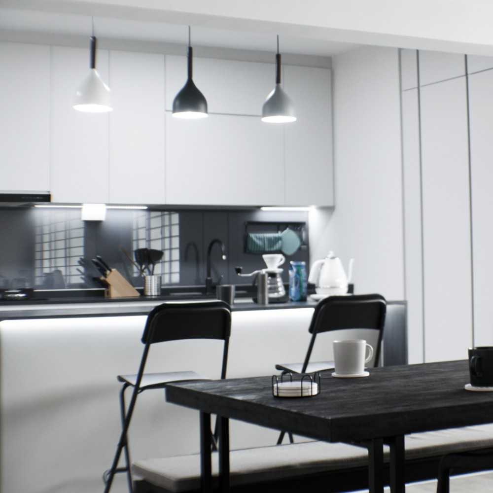 Minimalist Dining Room with Kitchen Island and Open Kitchen