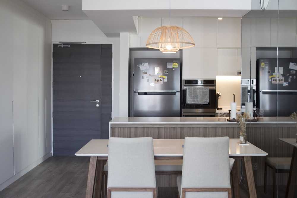 Scandinavian Dining Room with Countertop and Vinyl Flooring