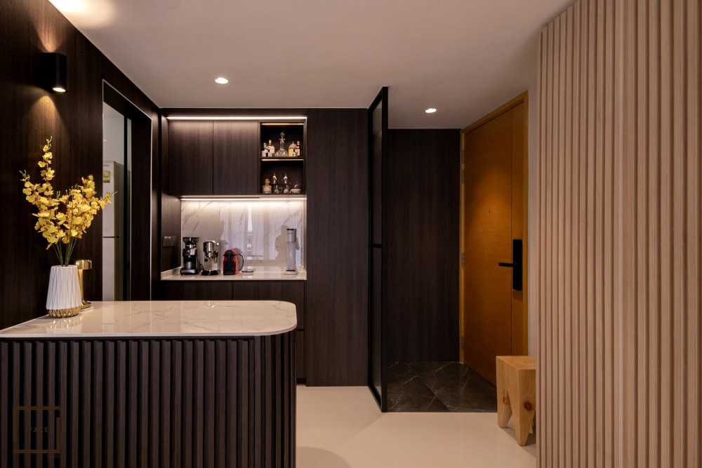 Contemporary Living Room with Kitchen Island and Ceiling Light
