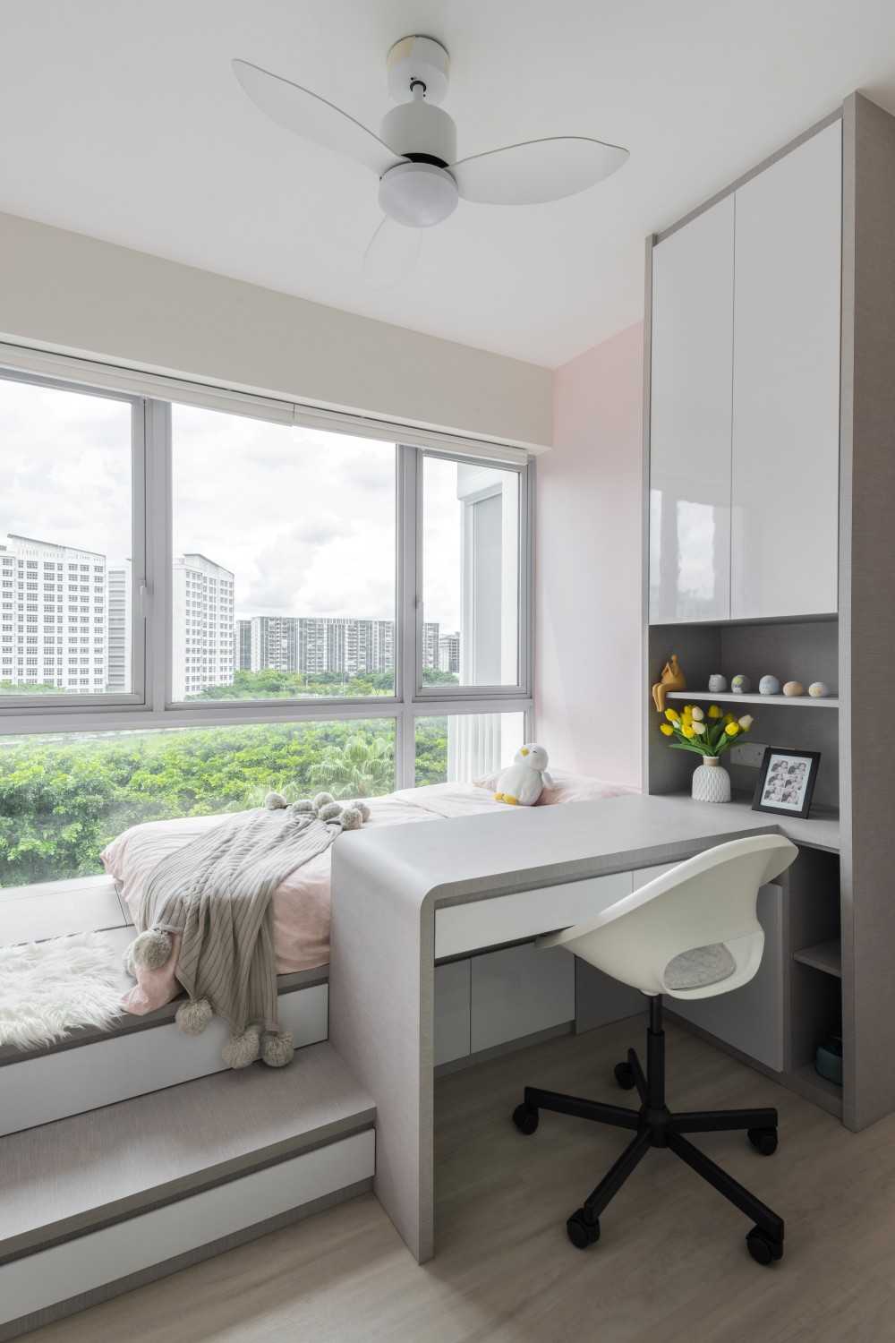 Modern Bedroom with Bookshelf and Platform Bed