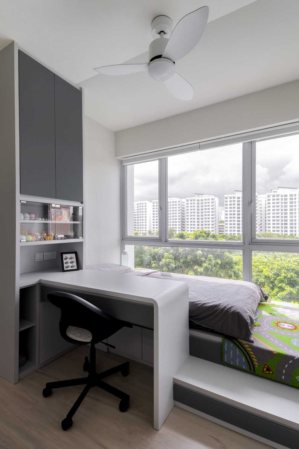 Modern Bedroom with Bookshelf and Platform Bed