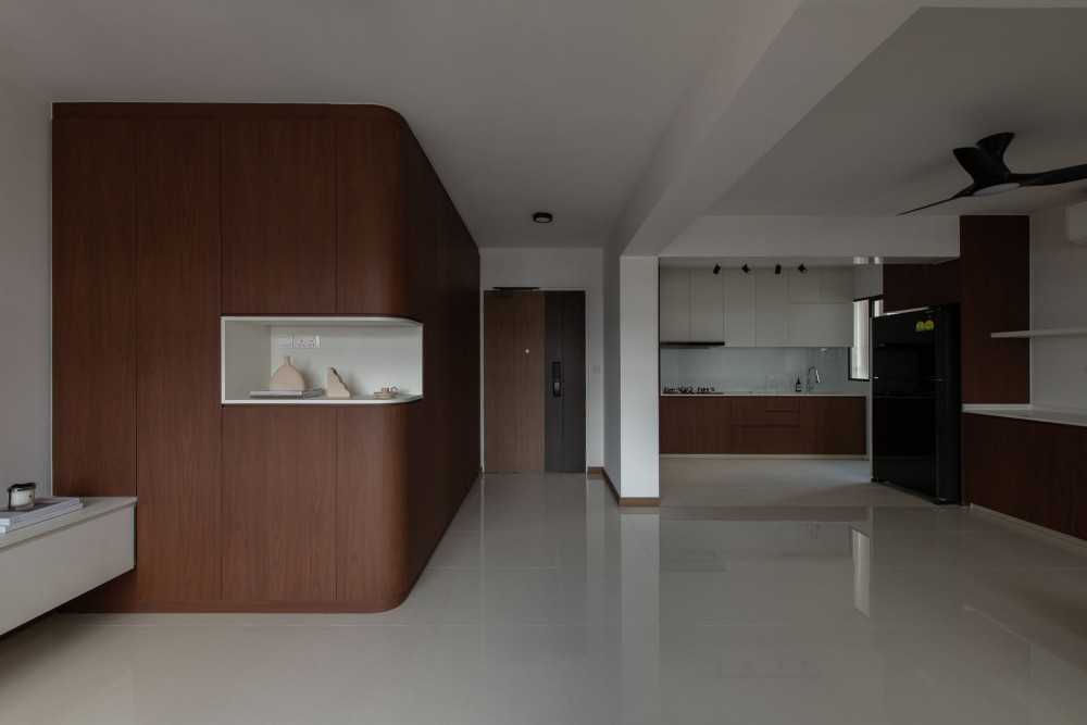 Contemporary Living Room with Open Kitchen and Storage Cabinets