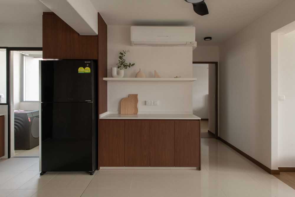 Contemporary Kitchen with Breakfast Counter and Wall Shelves