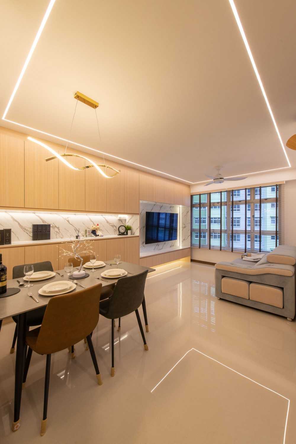 Modern Living Room with Cove Lighting and Dining Table