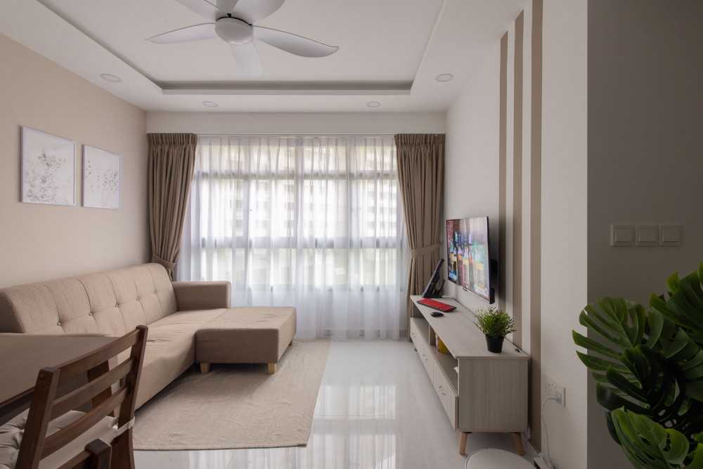 Scandinavian Living Room with TV Console and Feature Wall