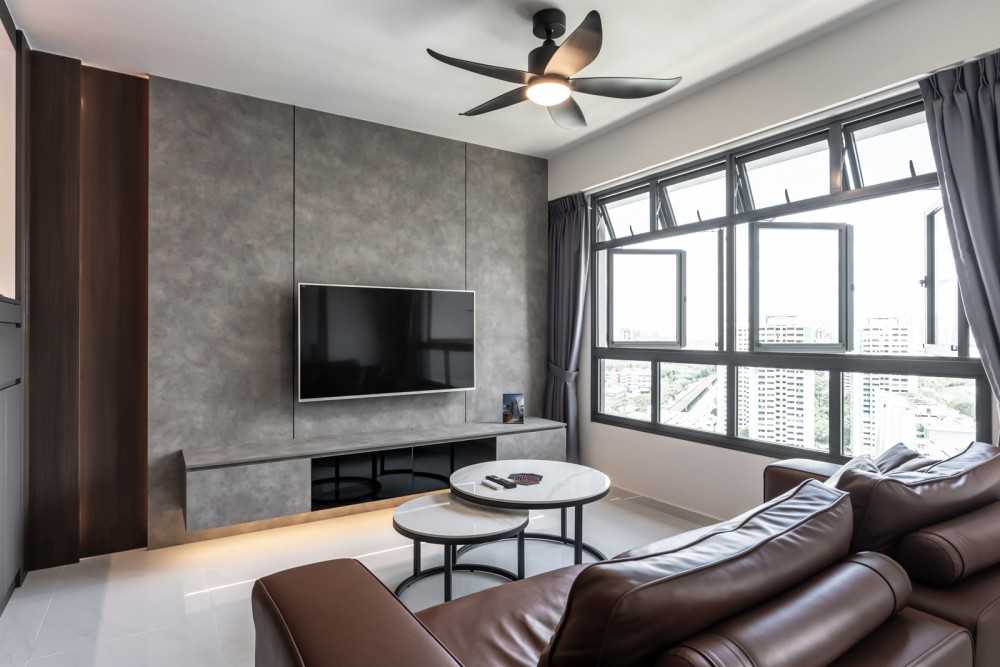 Modern Living Room with Homogeneous Tiles and TV Console